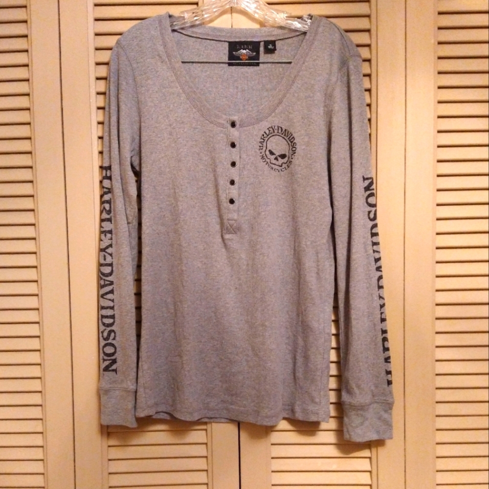 Harley- Davidson Women's Willie G Skull Snap Front Long Sleeve Henley -Size XL - Picture 2 of 13